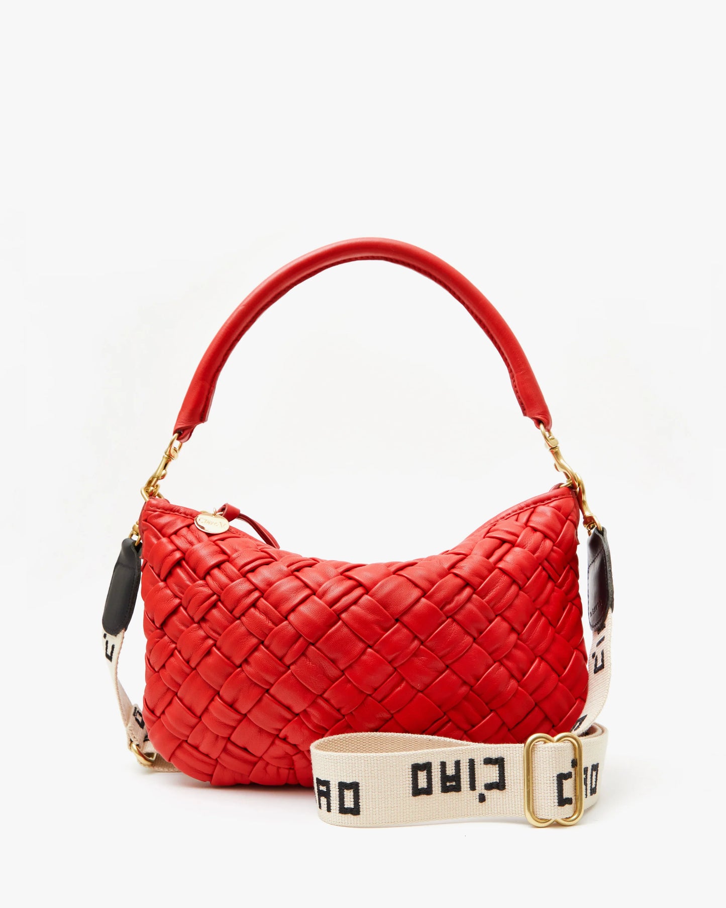 Clare V Adjustable Crossbody Strap, Natural w/ Black Embroidered Ciao