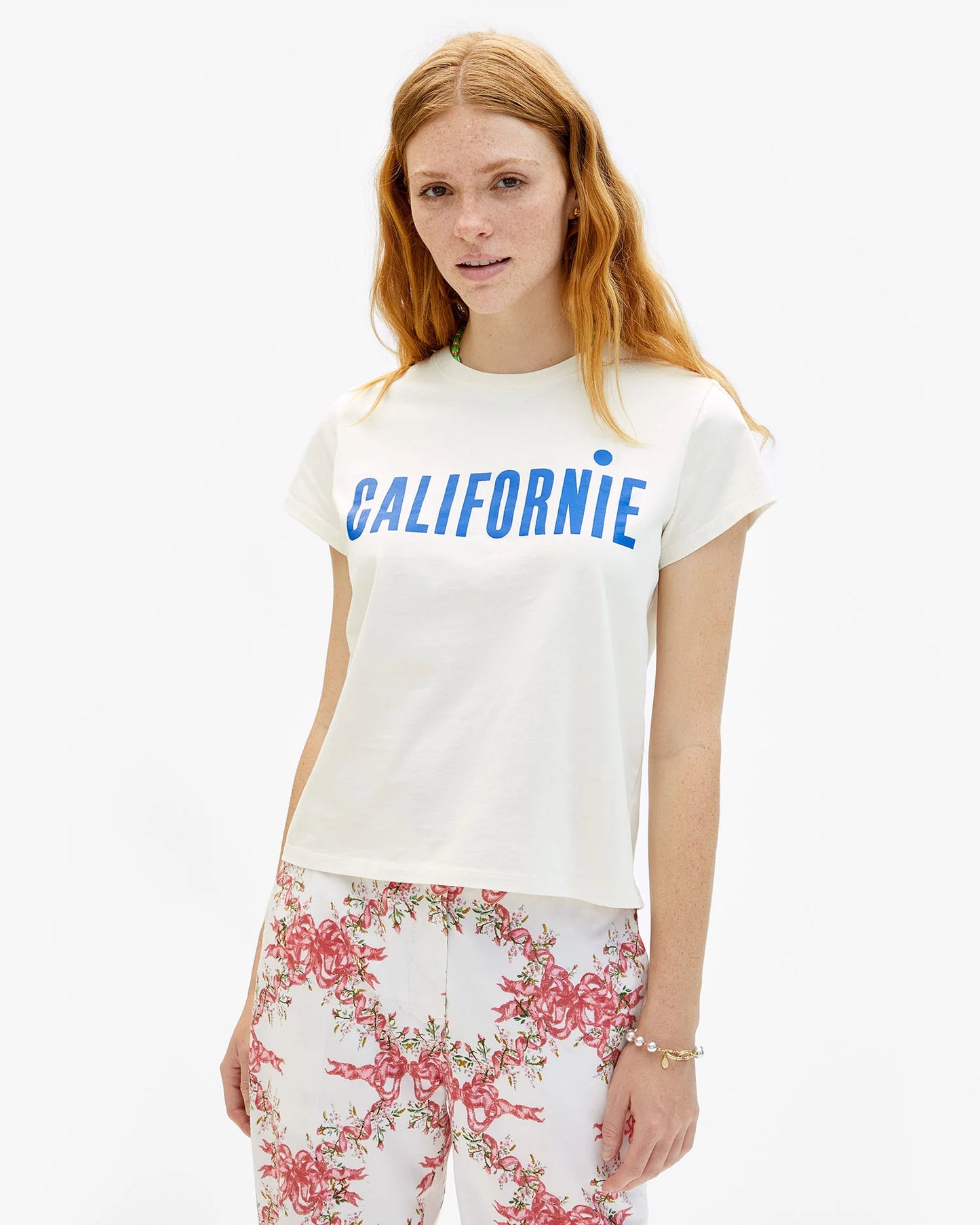 Clare V Classic Tee, Cream w/ Cobalt Californie