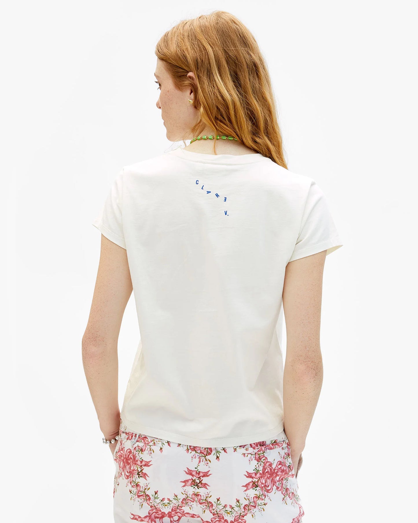 Clare V Classic Tee, Cream w/ Cobalt Californie