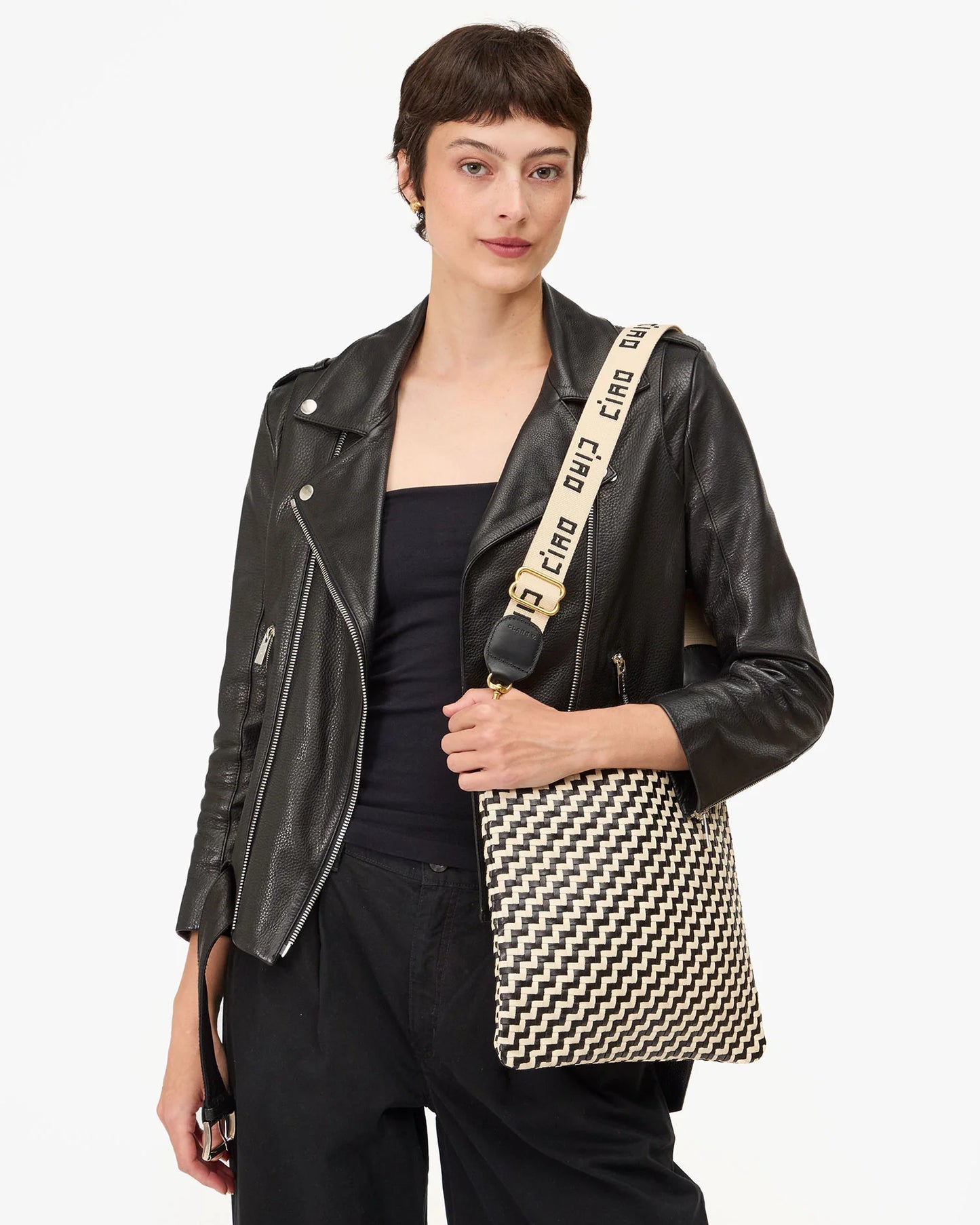 Clare V Adjustable Crossbody Strap, Natural w/ Black Embroidered Ciao