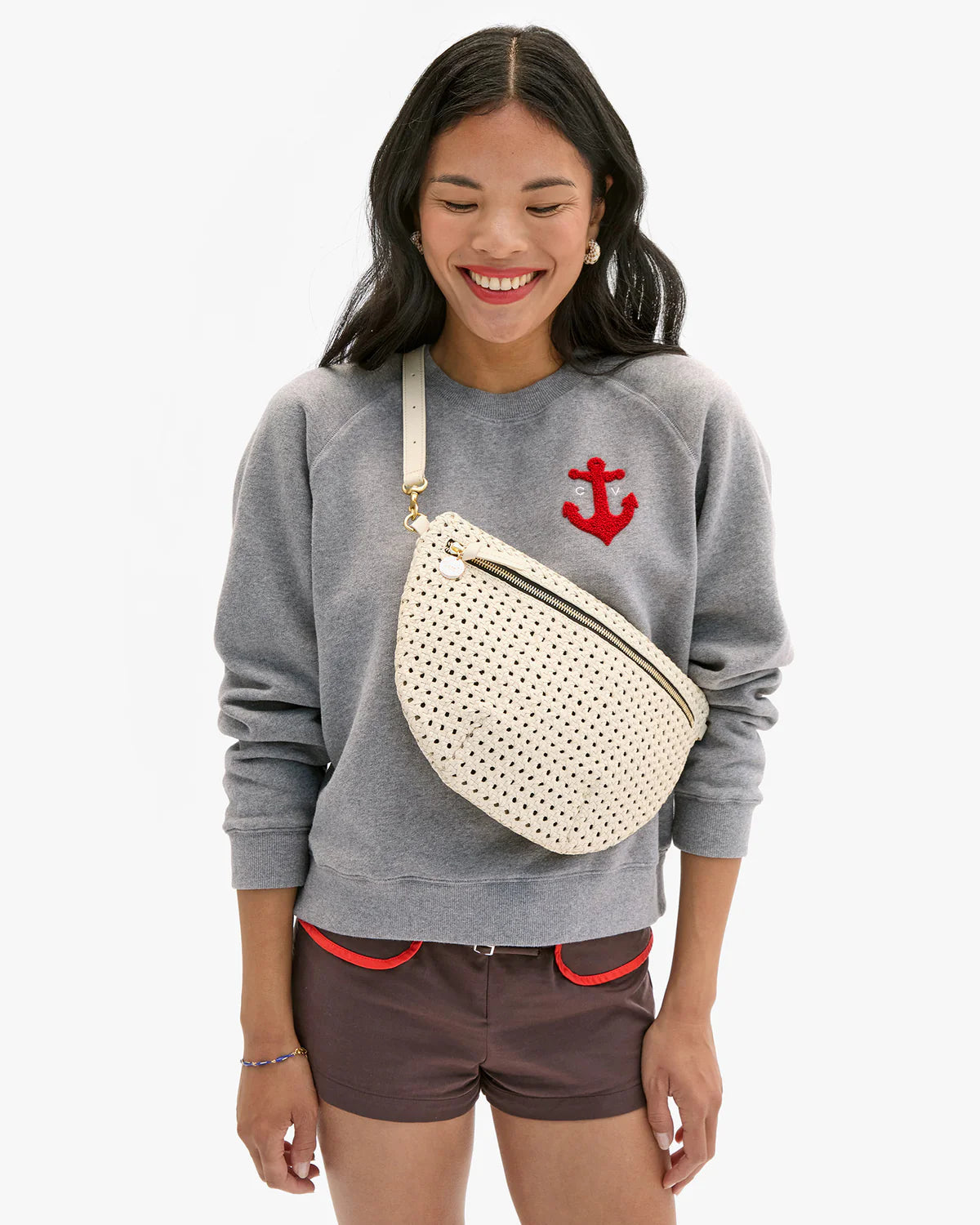 Clare V Le Court Sweatshirt Petit Chenille Anchor, Grey Melange