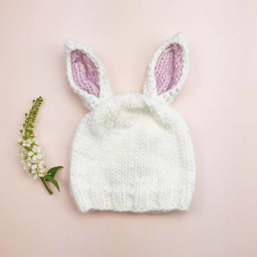 The Blueberry Hill Bamboo Bailey Bunny Hand Knit Hat, Pink/ White