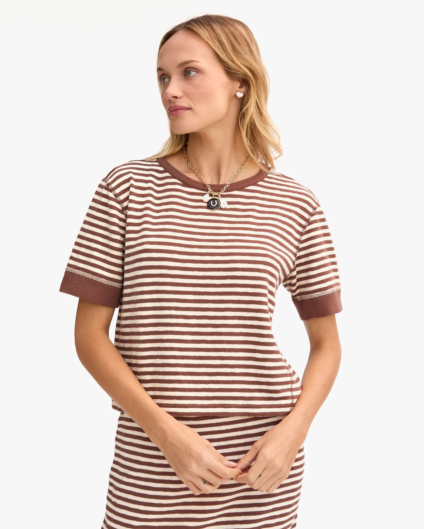 Clare V Le Bateau Tee, Brown/Cream Stripe