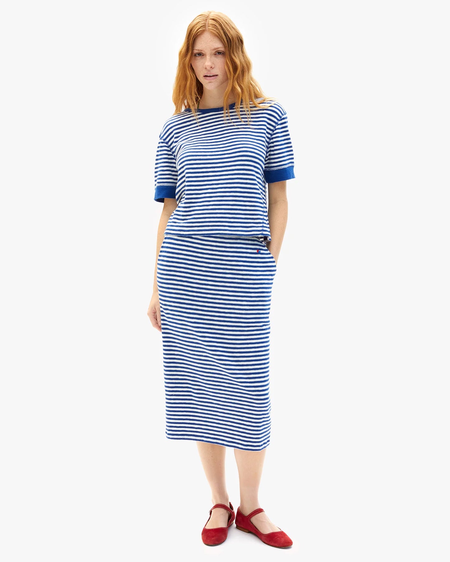 Clare V Le Tube Skirt, Cobalt Cream Stripe