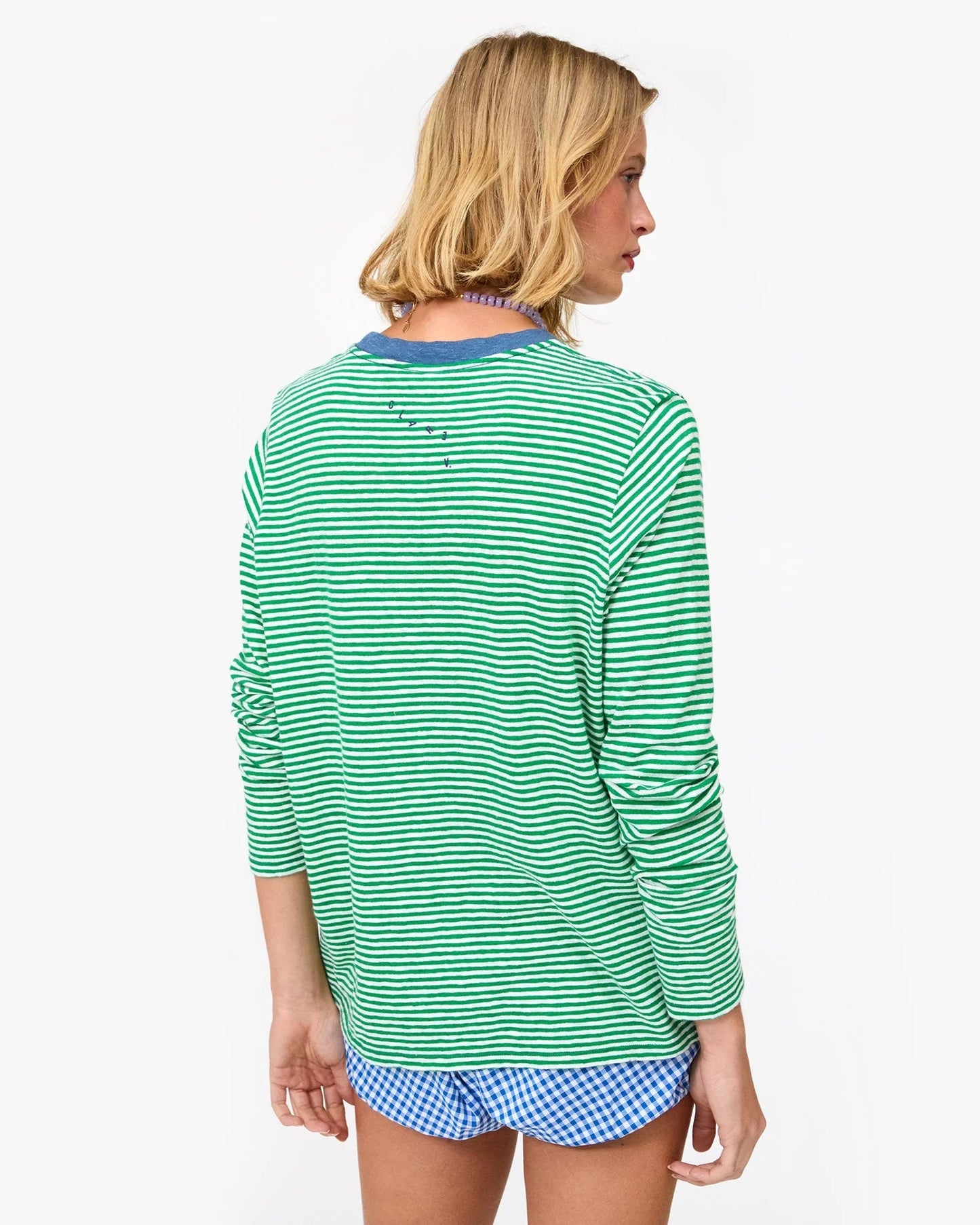 Clare V Long Sleeve Tee Mini Stripe, Green/Cream