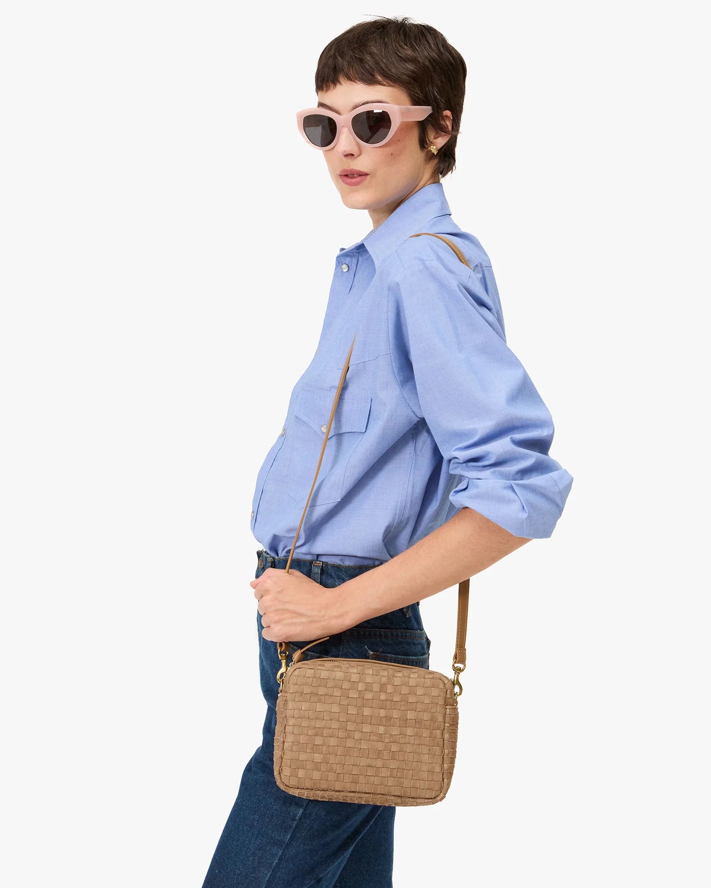 Clare V Midi Sac Clay Nappa & Suede Woven Checker