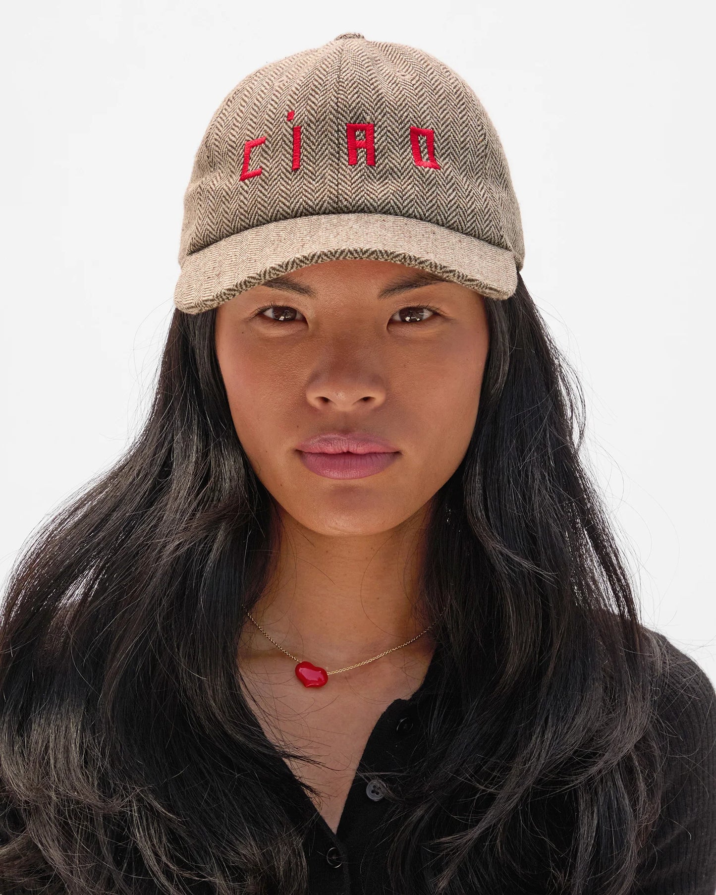 Clare V Wool Baseball Hat, Embroidered Ciao, Taupe