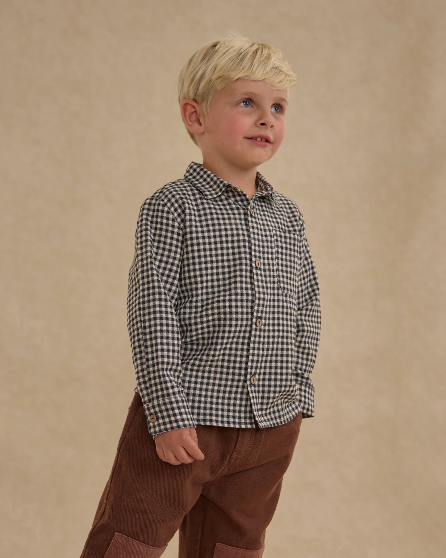 Rylee + Cru Collared Long Sleeve Shirt, Black Gingham