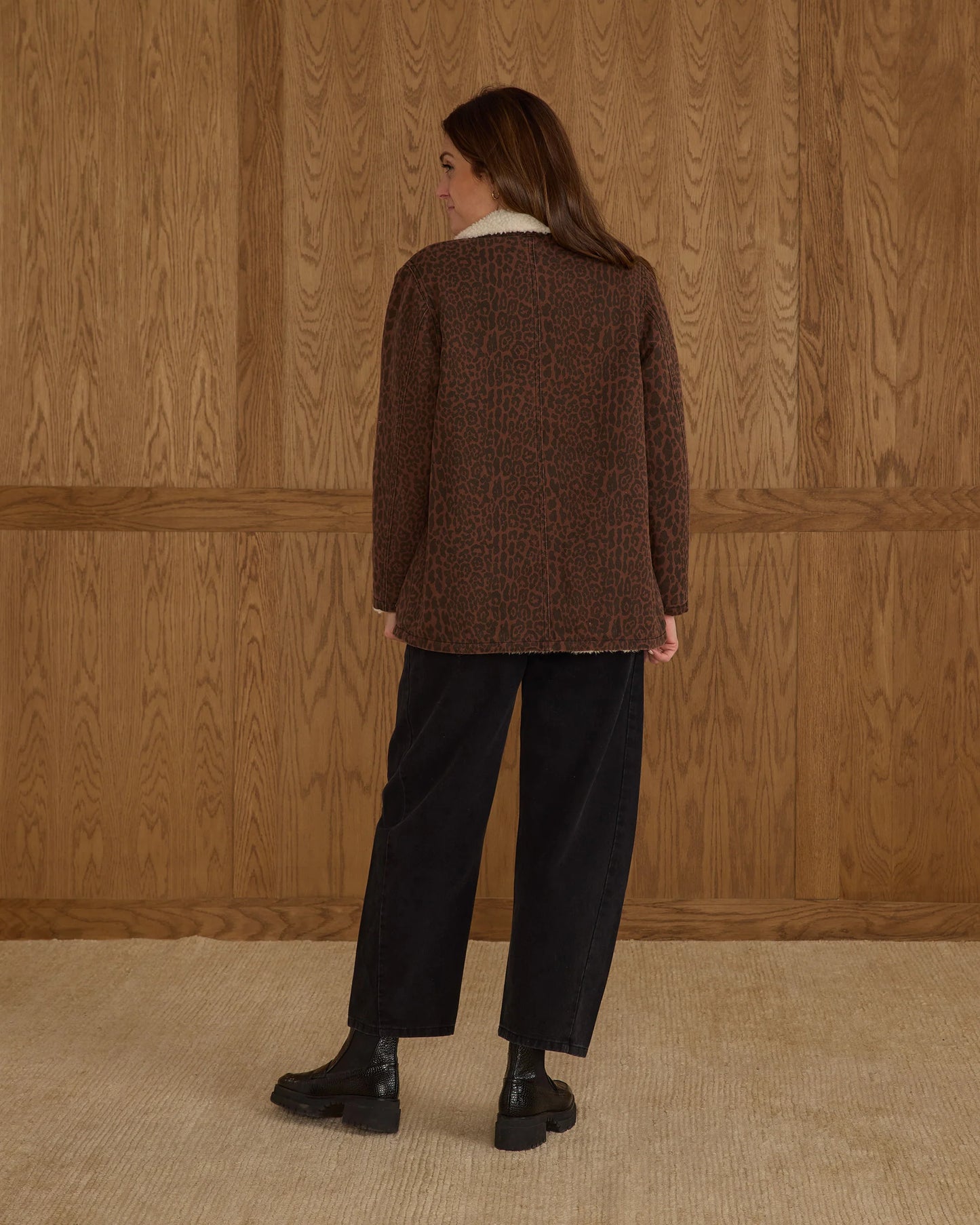 Rylee + Cru Women's Long Chore Coat, Brown/Leopard