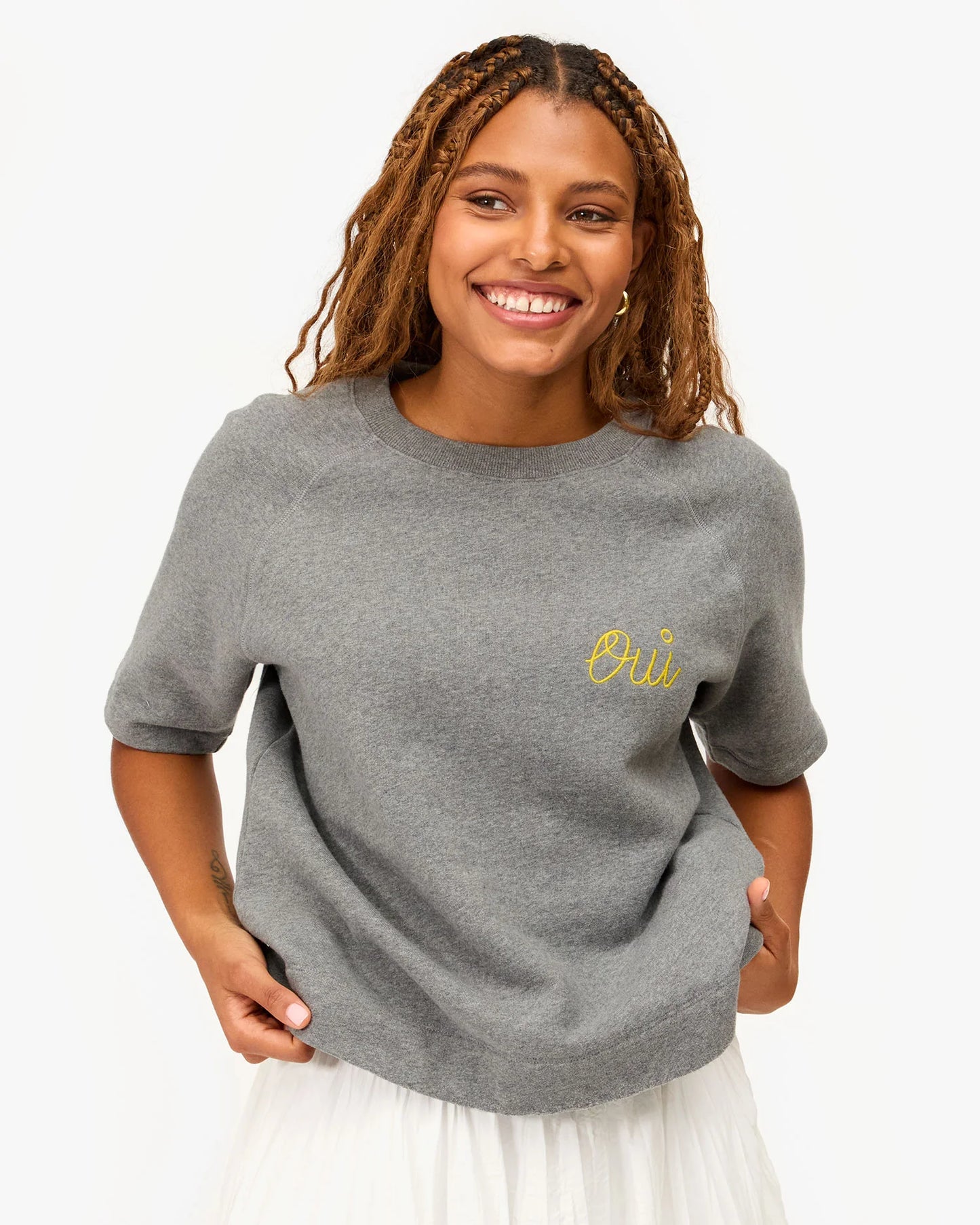 Clare V Short Sleeve Sweatshirt, Grey Melange with Citron Embroidered Oui