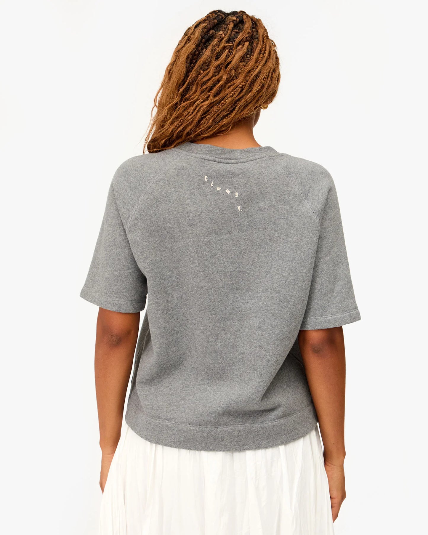 Clare V Short Sleeve Sweatshirt, Grey Melange with Citron Embroidered Oui
