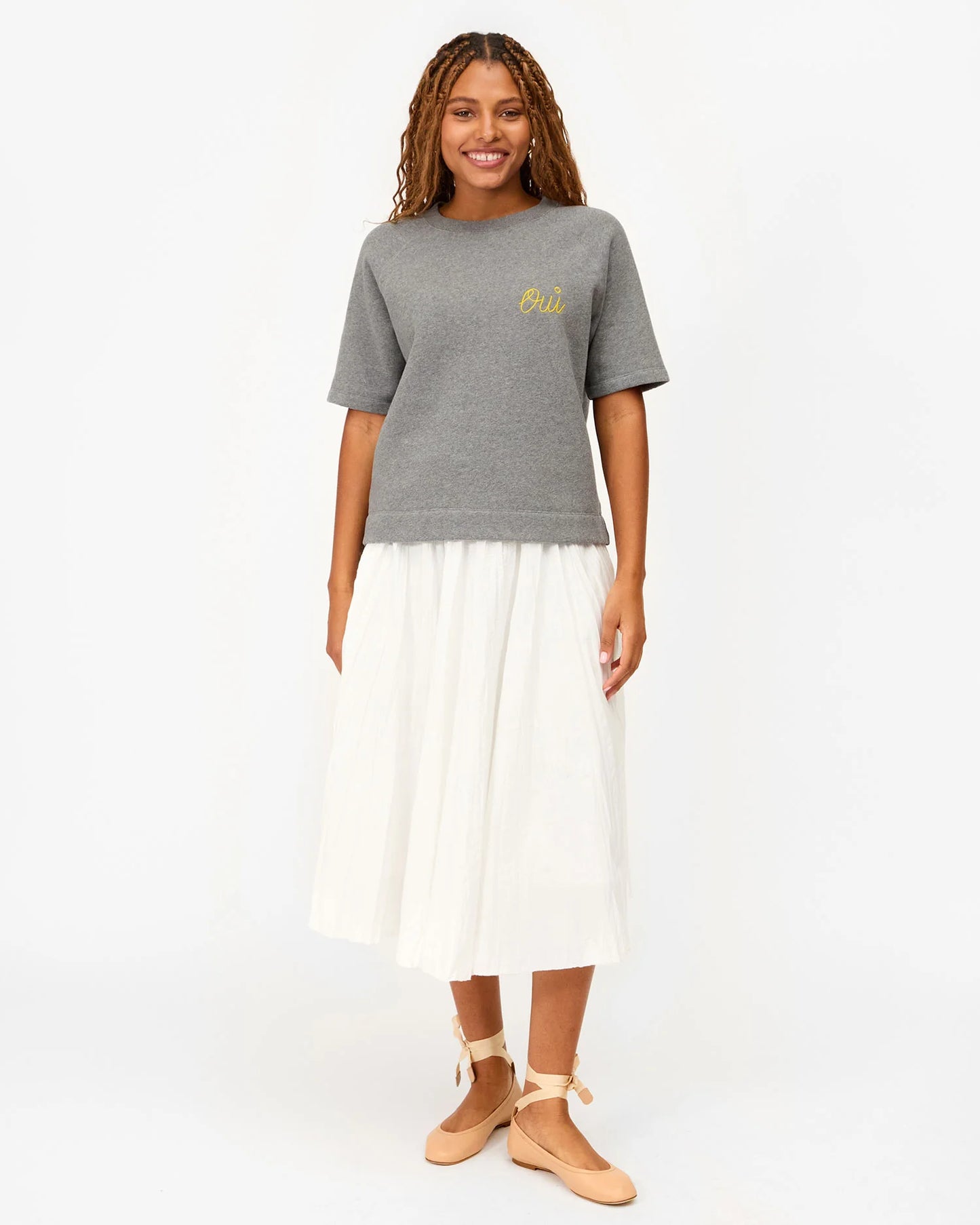 Clare V Short Sleeve Sweatshirt, Grey Melange with Citron Embroidered Oui