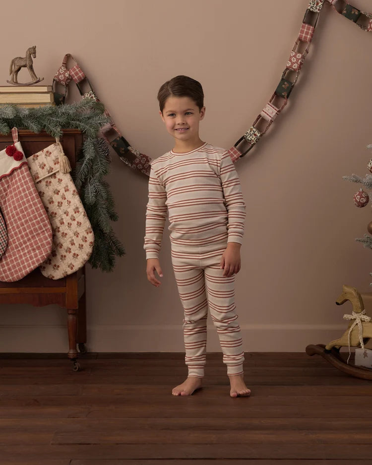 Rylee + Cru Organic Long Sleeve Pajama Set, Holiday Stripe/Ruby
