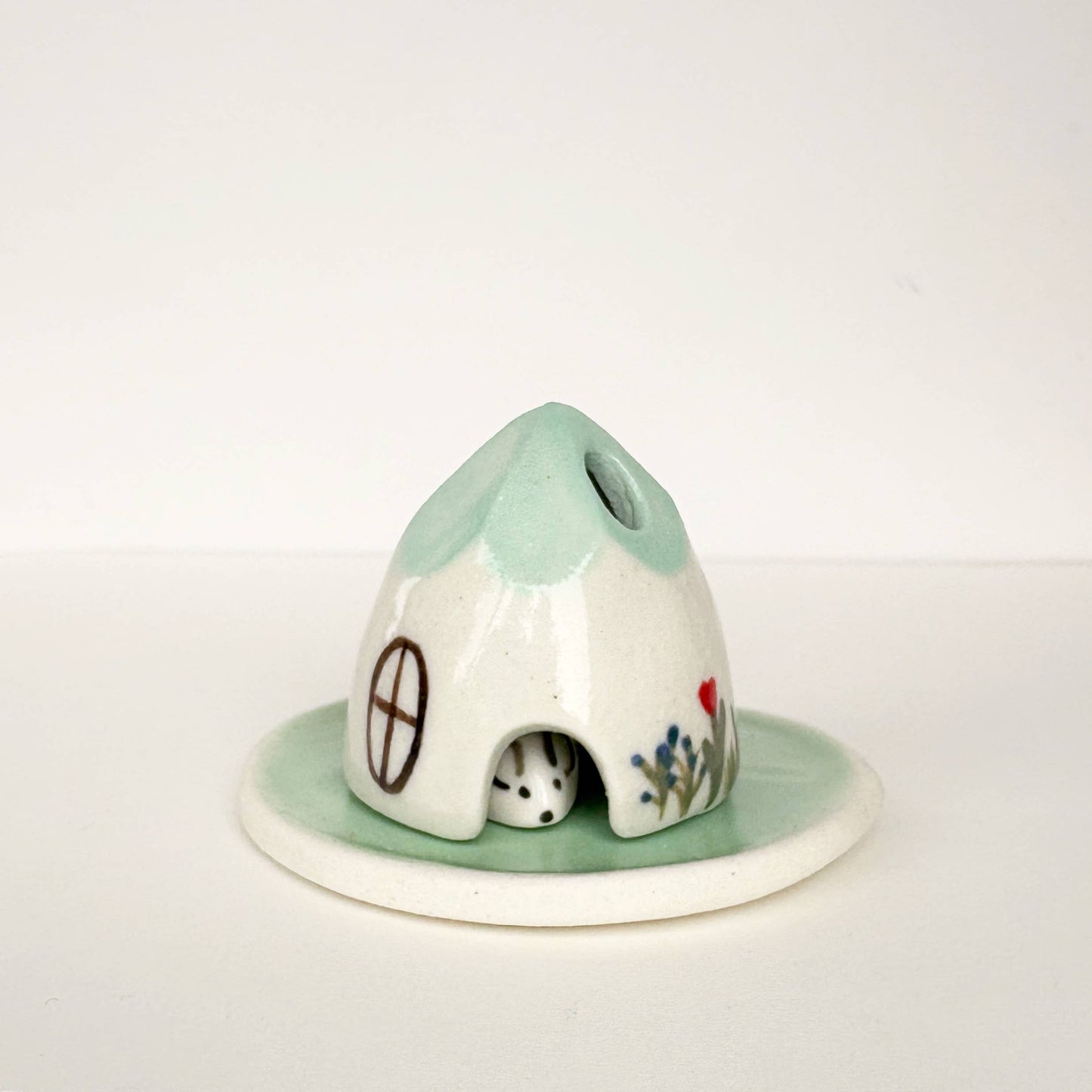 Spalted Home Turquoise Ceramic Mouse House Cone Incense Burner