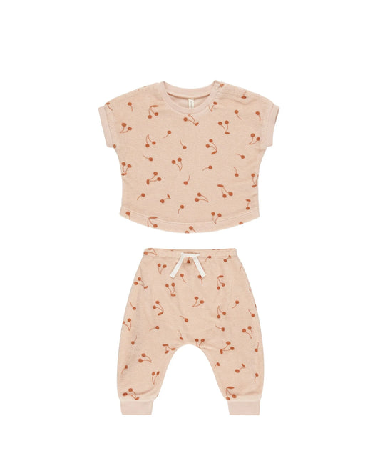 Quincy Mae Terry Tee + Pants Set, Melon/Cherries
