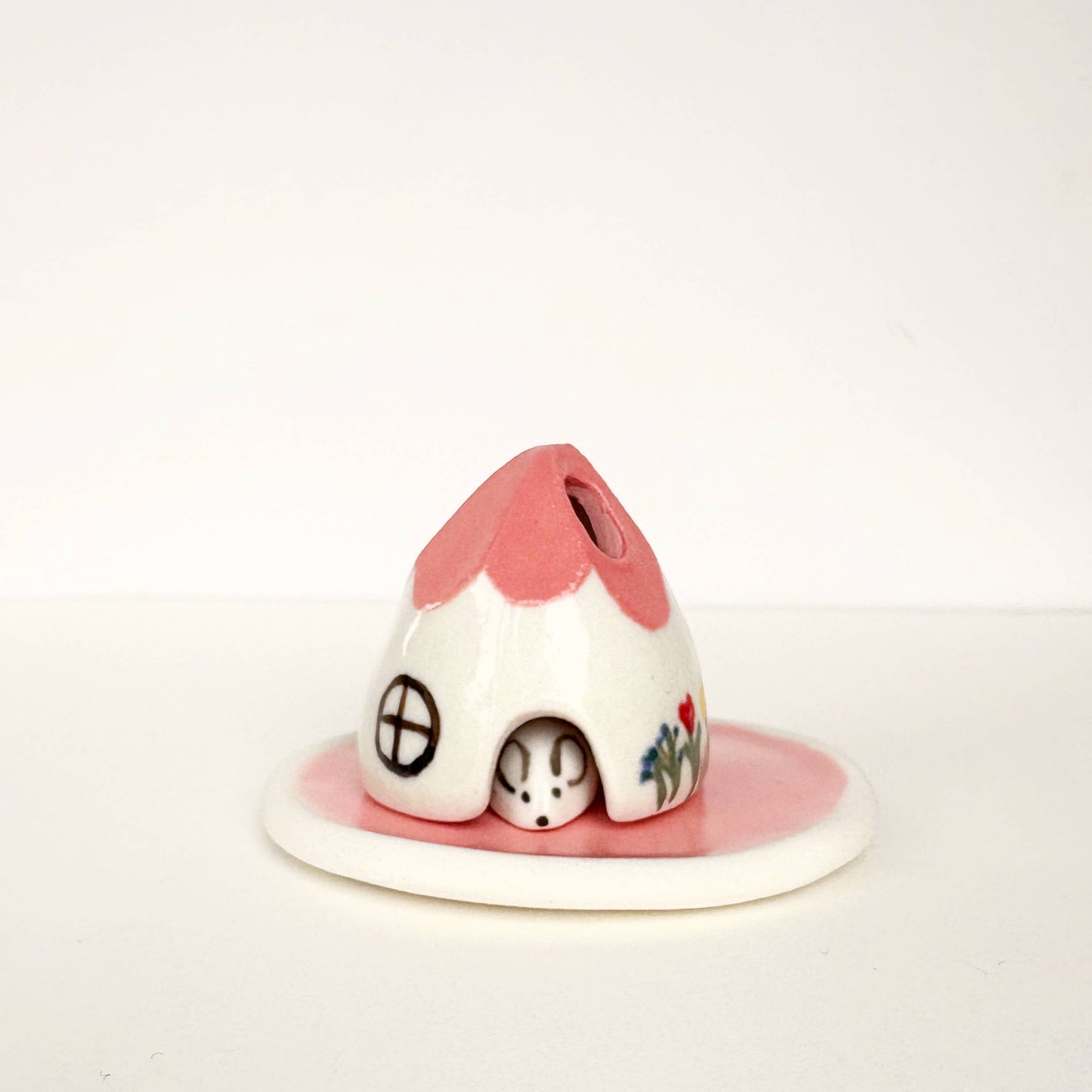 Spalted Home Pink Ceramic Mouse House Cone Incense Burner