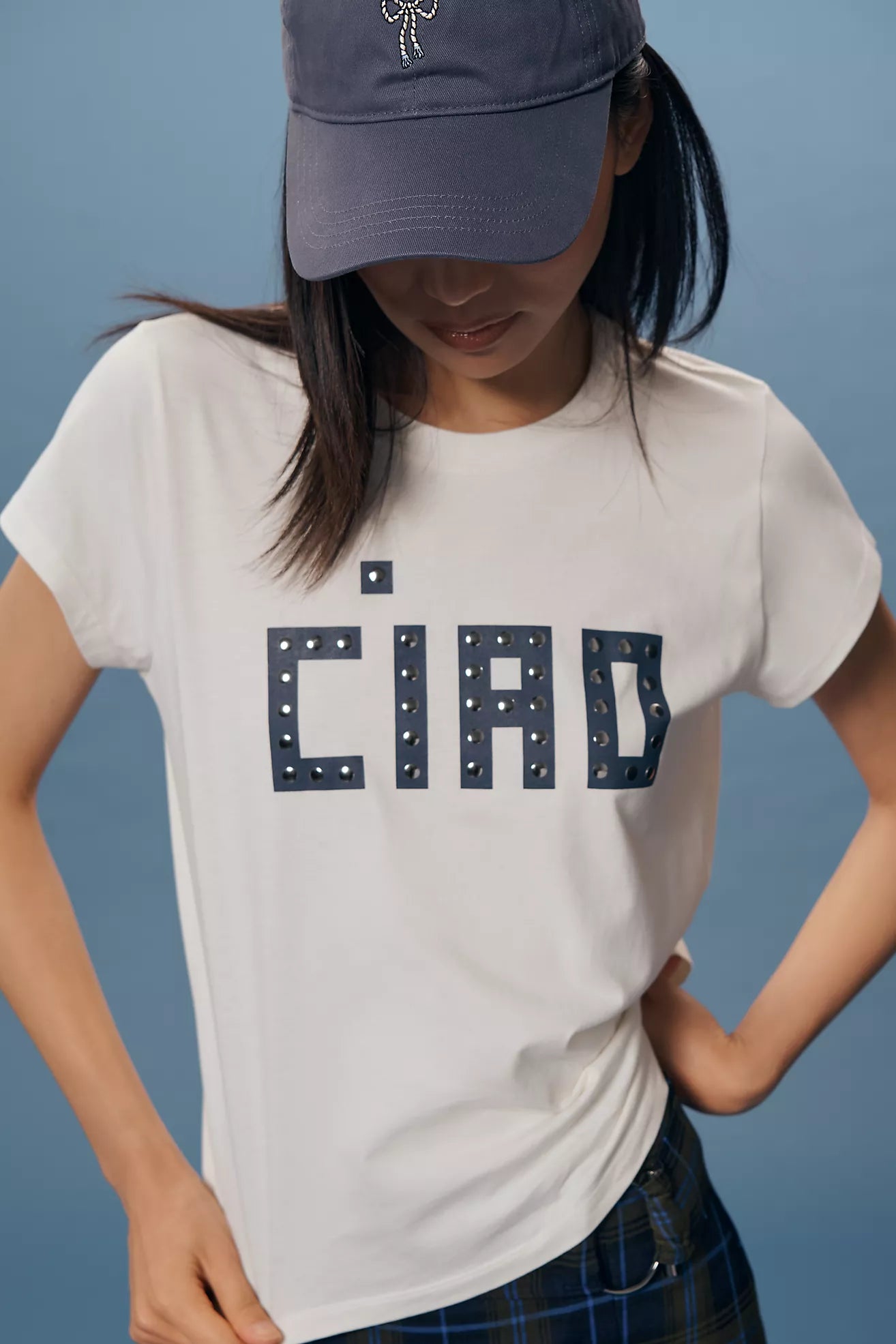 Clare V Classic Tee, Block Ciao W/Studs, Cream