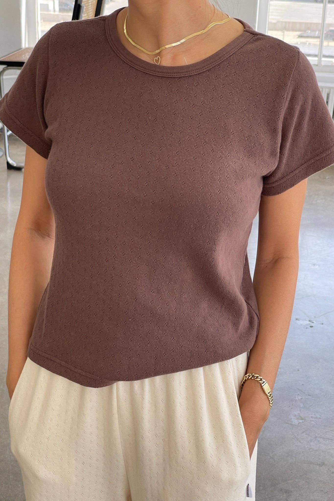 Le Bon Shoppe Pointelle Babe Tee, Chocolate