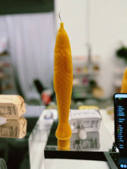 Tinned Candle, Fancy Beeswax Fish Shaped Taper Candles