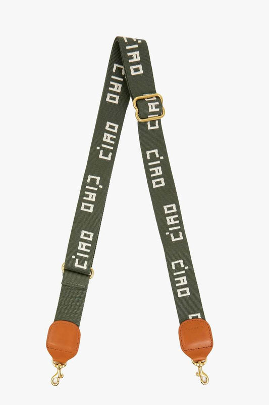 Clare V Adjustable Crossbody Strap, Army w/ Cream Embroidered Ciao