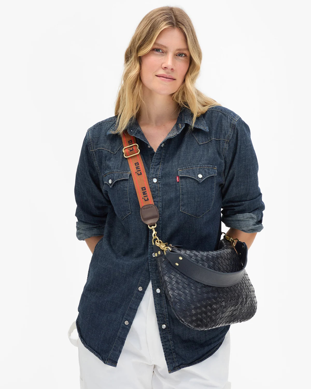 Clare V Adjustable Crossbody Strap, Ciao w/ Double Stripe, Tan Navy