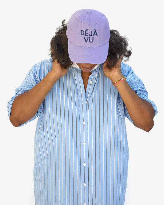 Clare V Baseball Hat, Lilac w/ Navy Embroidered Deja Vu