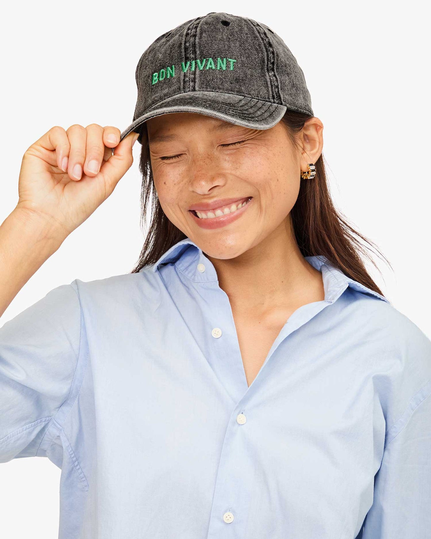 Clare V Denim Baseball Hat, Faded Black with Mint Bon Vivant