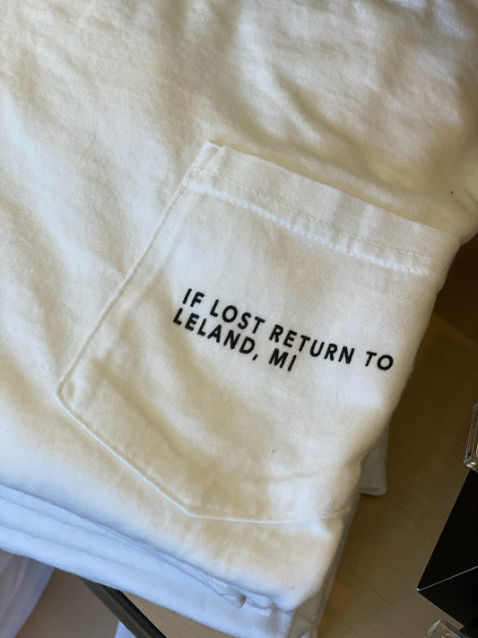 Emily Roggenburk If Lost Return to Leland, MI White Pocket T-Shirt