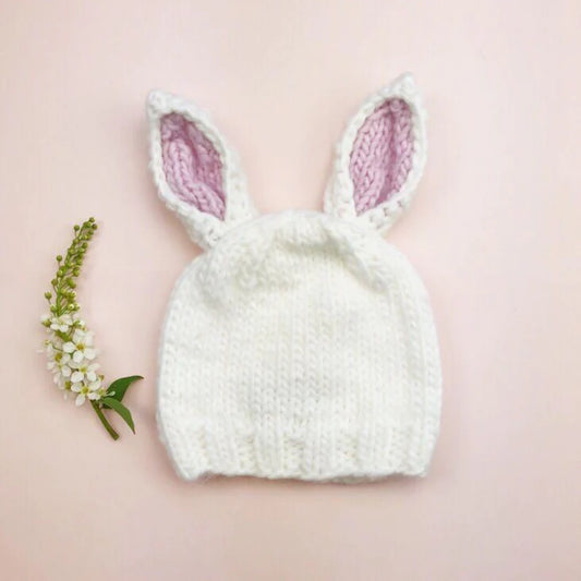 The Blueberry Hill Bamboo Bailey Bunny Hand Knit Hat, Pink/ White