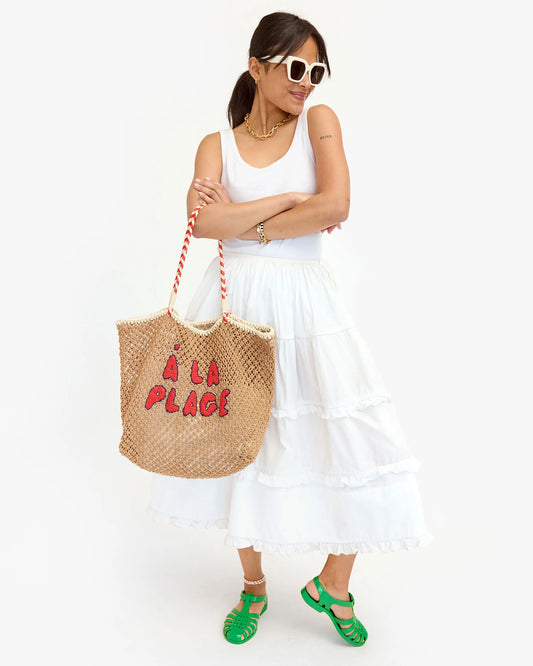 Clare V Lete Tote Tan Crochet w/ Navy & Poppy A La Plage