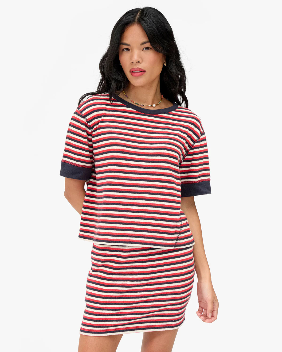 Clare V Le Bateau Tee Stripe, Navy/Cherry Red/Cream