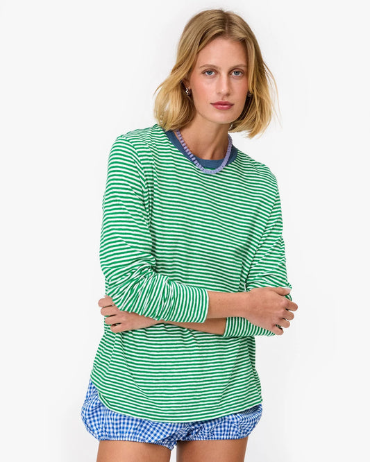 Clare V Long Sleeve Tee Mini Stripe, Green/Cream