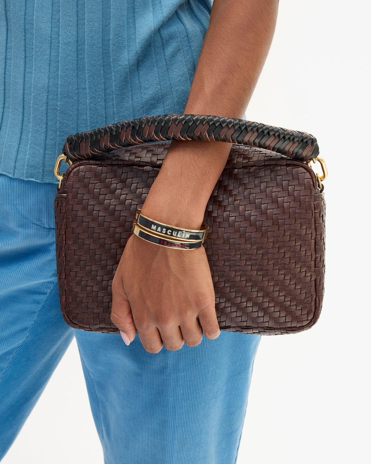 Clare V Braided Leather Top Handle, Black/Chocolate