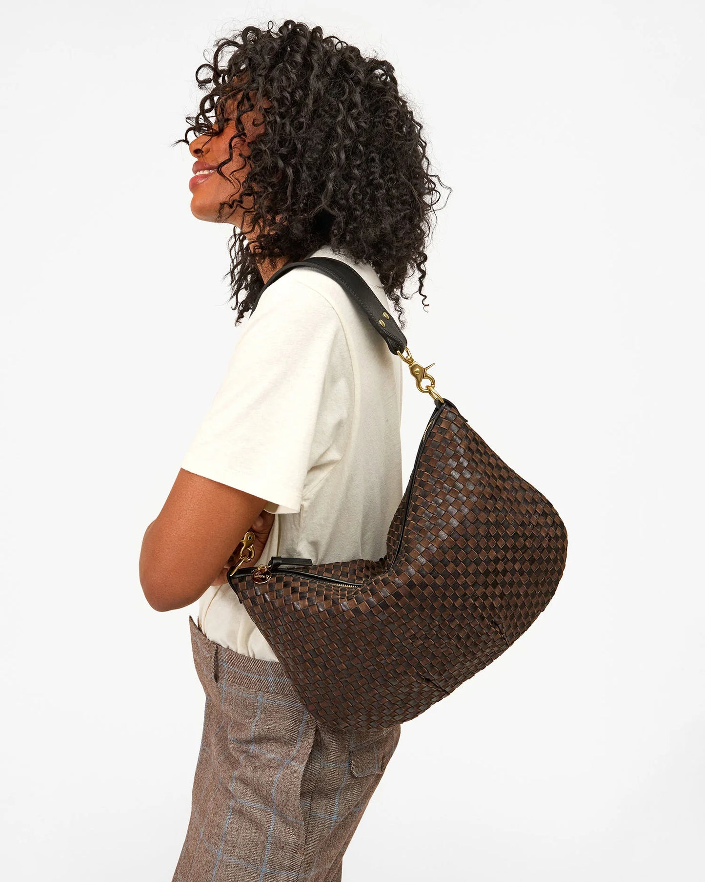 Clare V Moyen Messenger, Leather & Suede Woven Checker, Black/Chocolate
