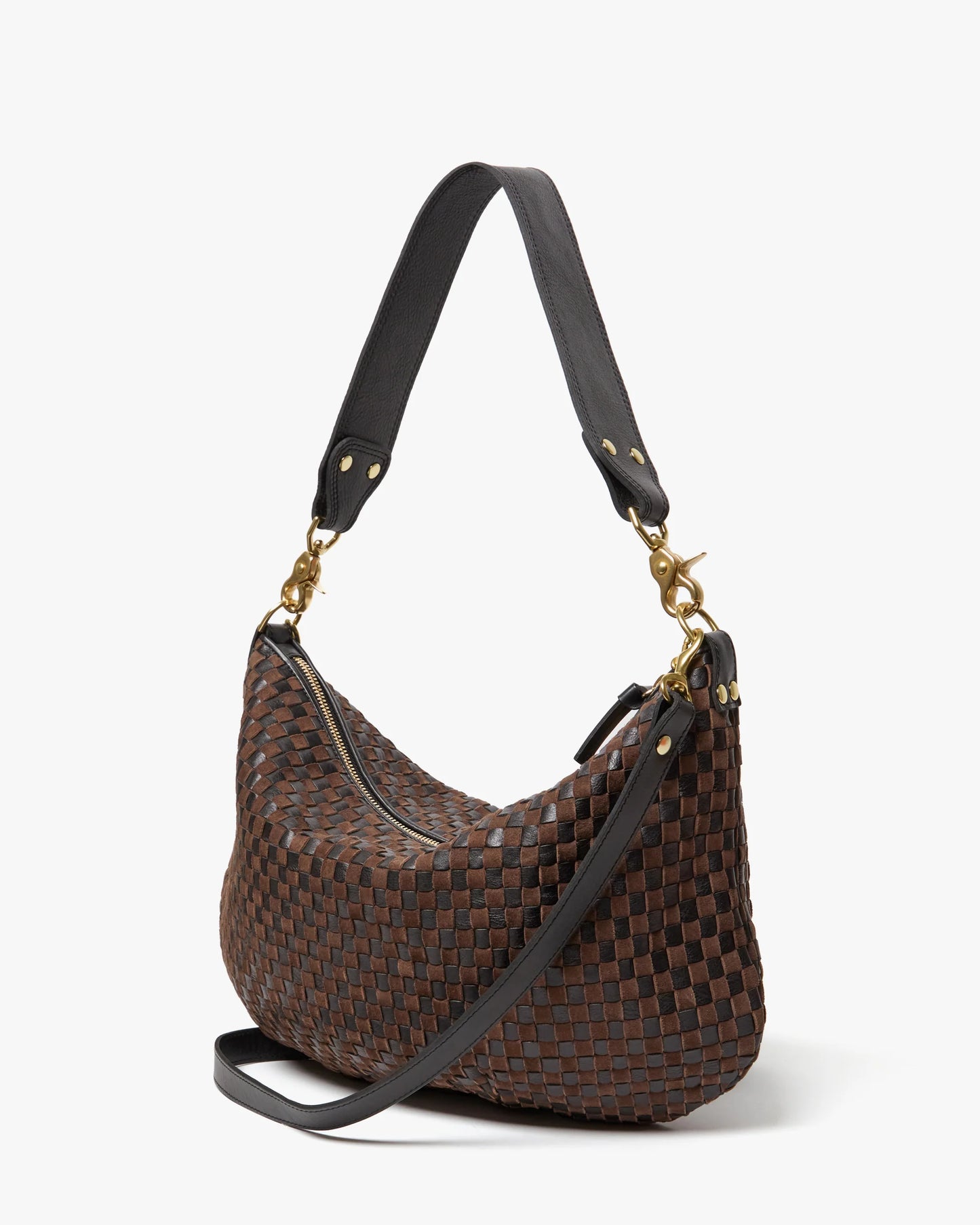 Clare V Moyen Messenger, Leather & Suede Woven Checker, Black/Chocolate