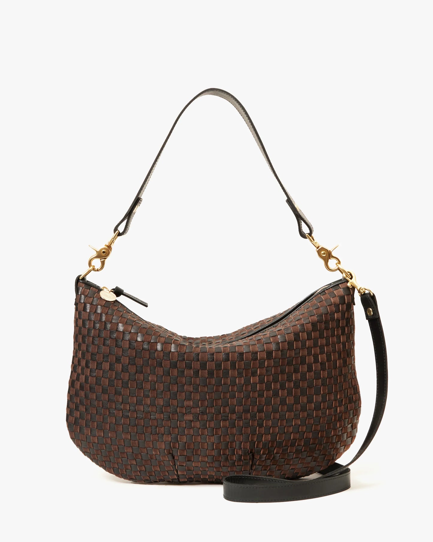 Clare V Moyen Messenger, Leather & Suede Woven Checker, Black/Chocolate