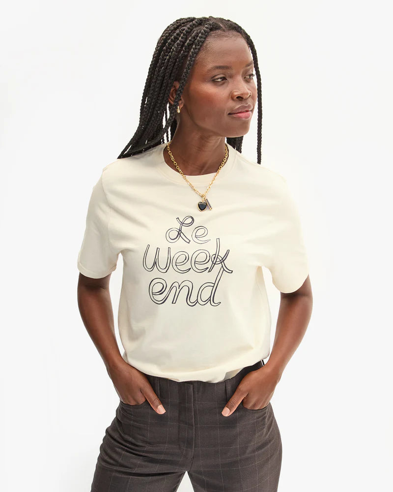 Clare V Classic Tee, Cream w/ Navy Le Weekend