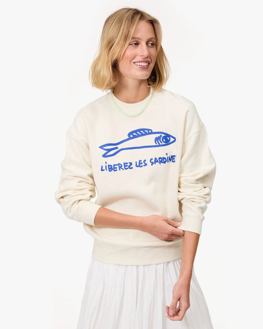 Clare V Oversized Liberez les Sardines Sweatshirt, Cream