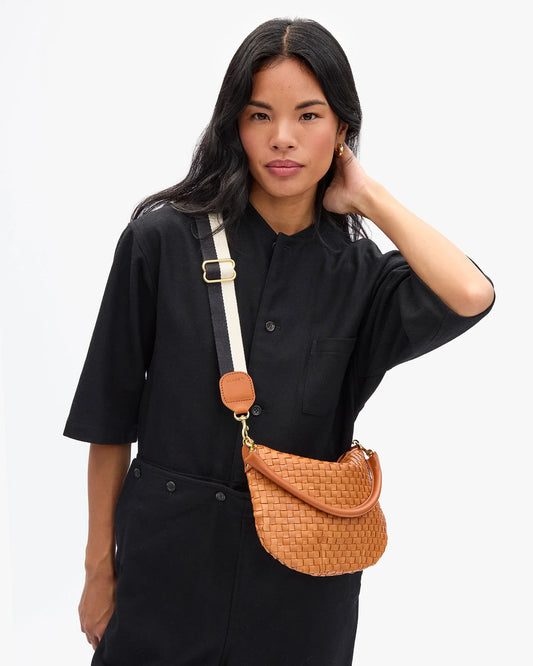 Clare V Adjustable Crossbody Strap, Two Tone Webbing, Black/Cream/Cuoio