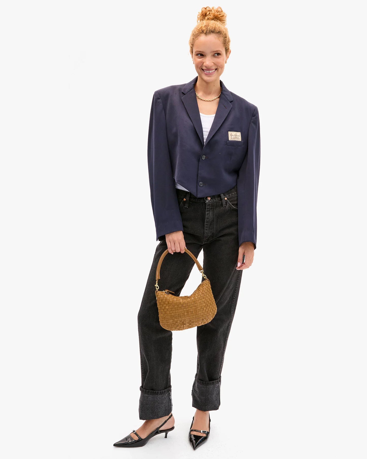 Clare V Petite Moyen Messenger Leather & Suede Woven Checker, Sequoia