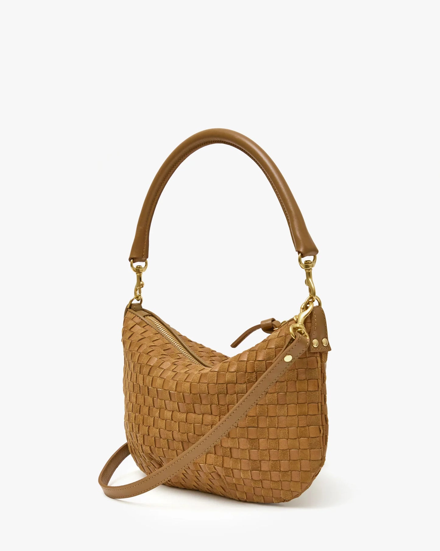 Clare V Petite Moyen Messenger Leather & Suede Woven Checker, Sequoia
