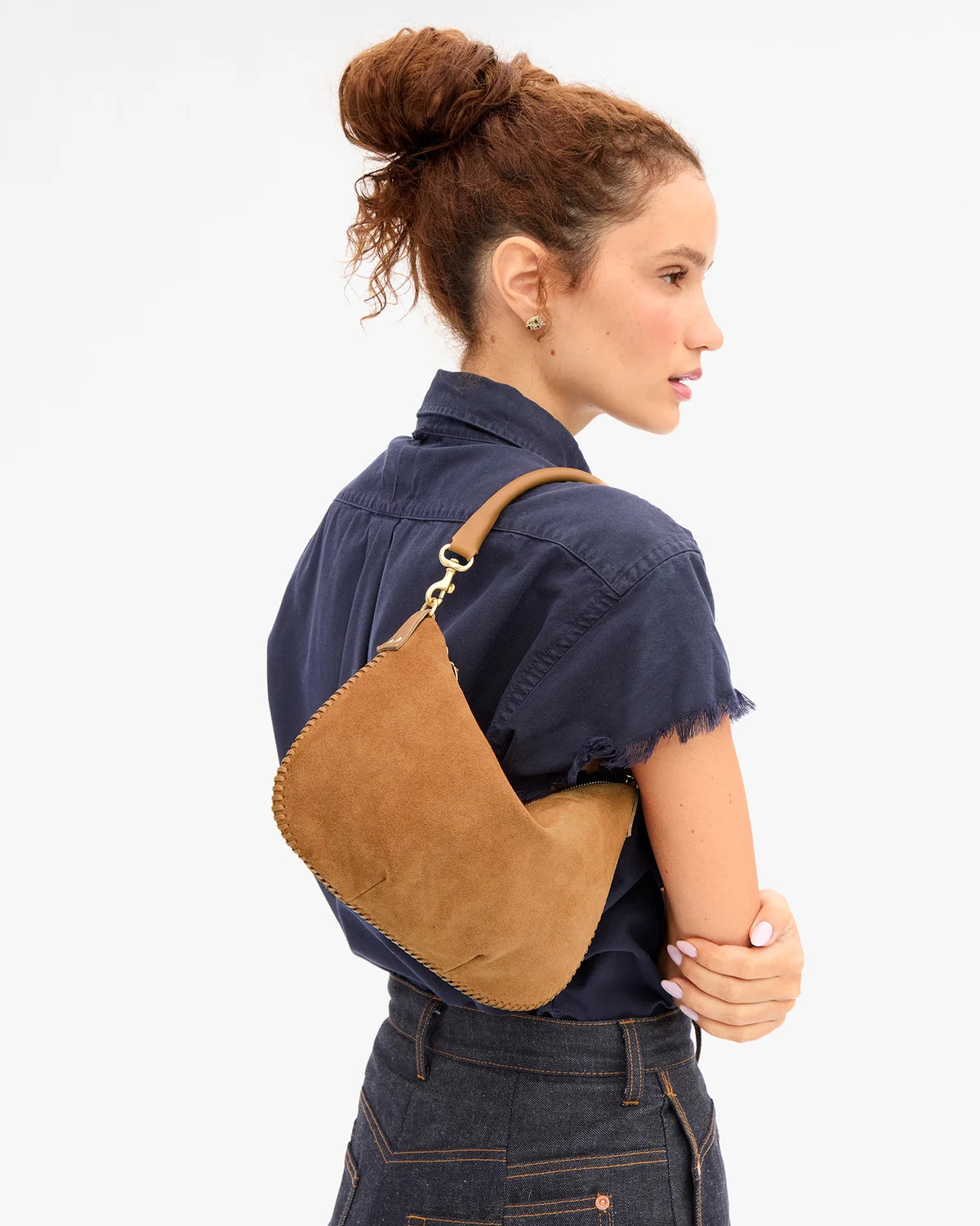 Clare V Petit Moyen Messenger, Suede w/ Whipstitch, Caramel