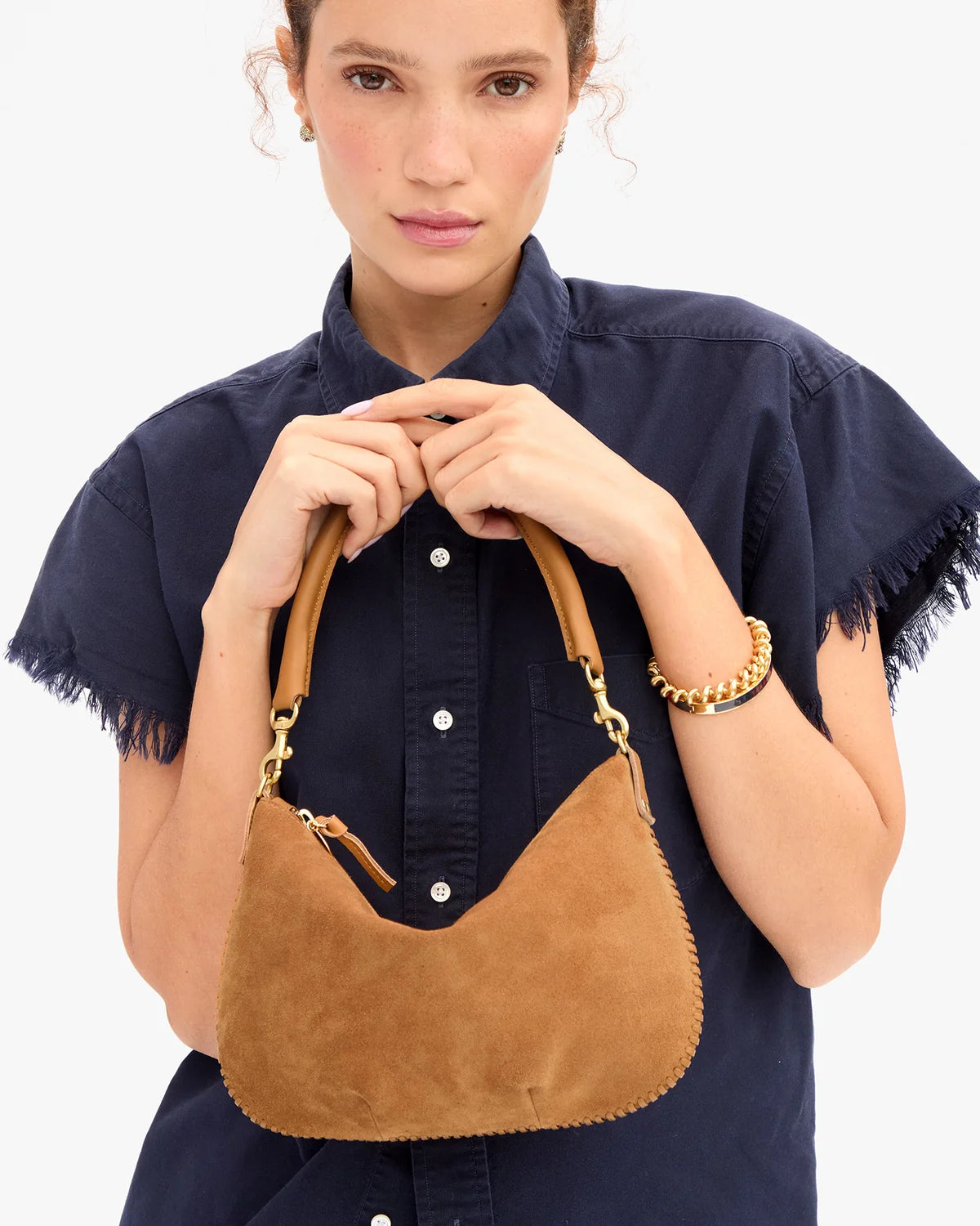 Clare V Petit Moyen Messenger, Suede w/ Whipstitch, Caramel