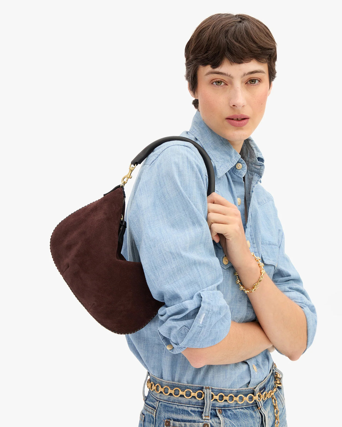 Clare V Petite Moyen Messenger, Truffle Suede w/ Whipstitch