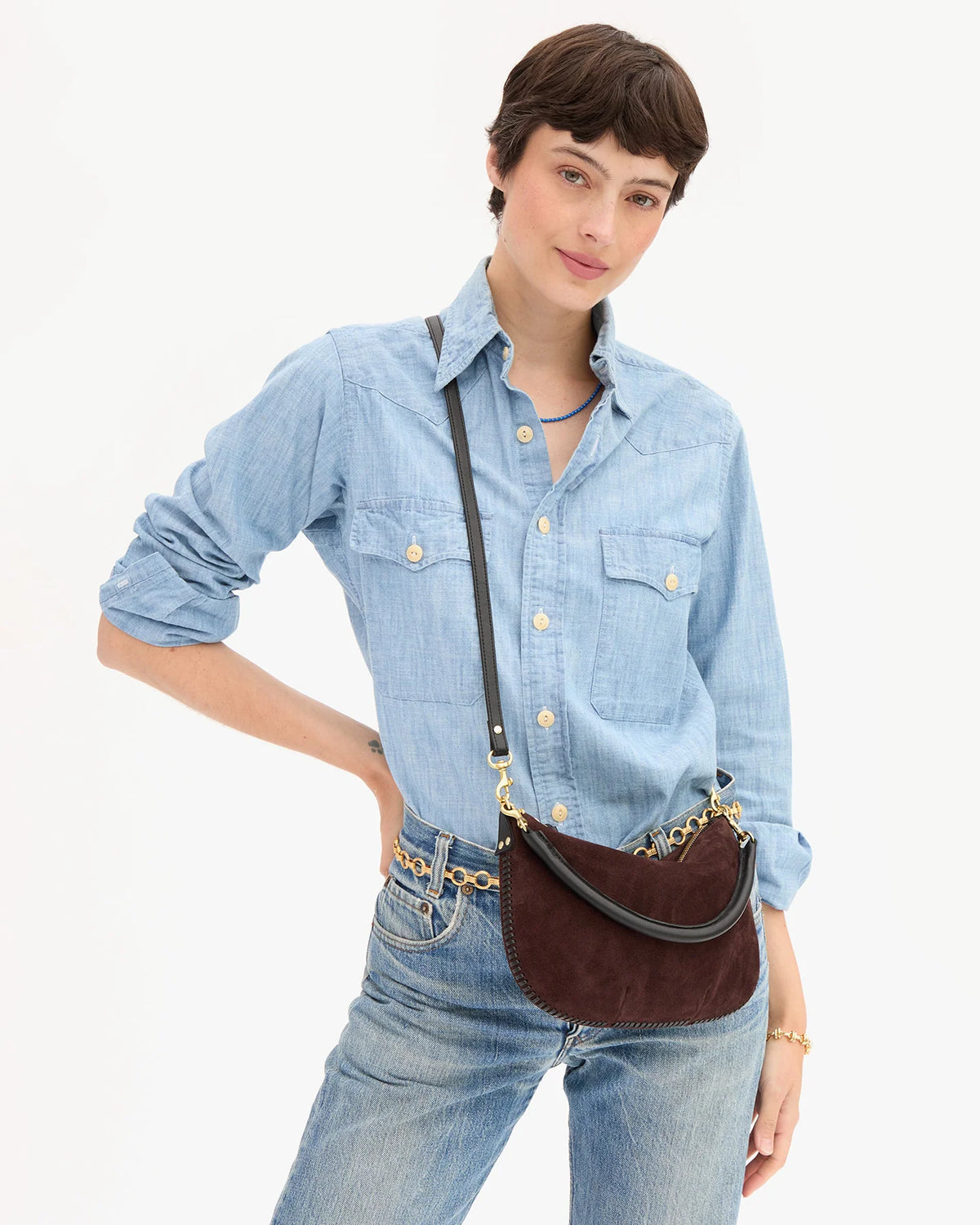 Clare V Petite Moyen Messenger, Truffle Suede w/ Whipstitch