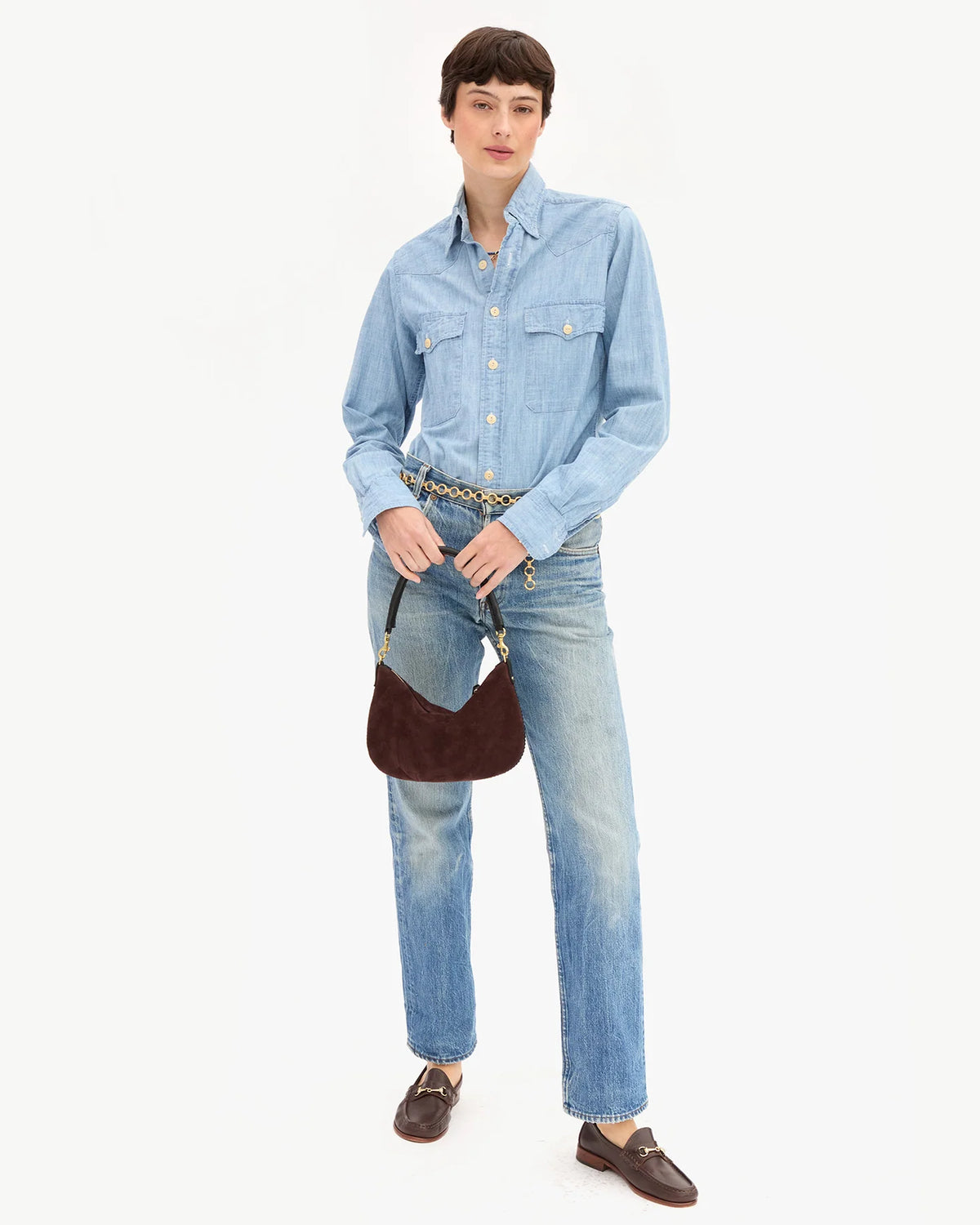 Clare V Petite Moyen Messenger, Truffle Suede w/ Whipstitch