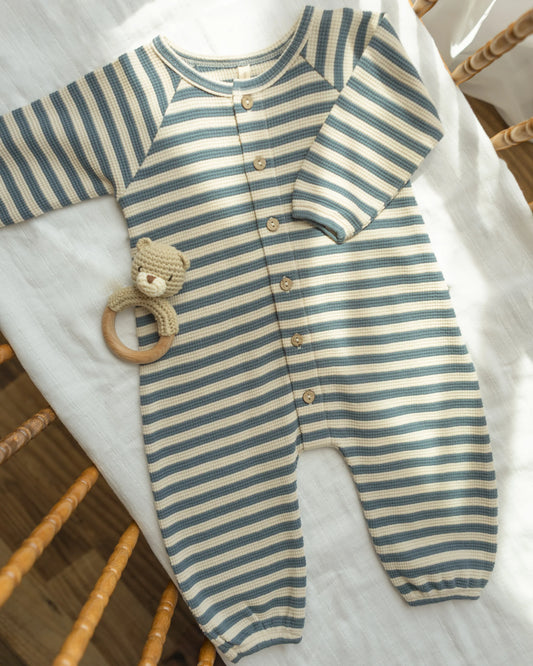 Quincy Mae Waffle Long Sleeve Jumpsuit, Ocean Stripe