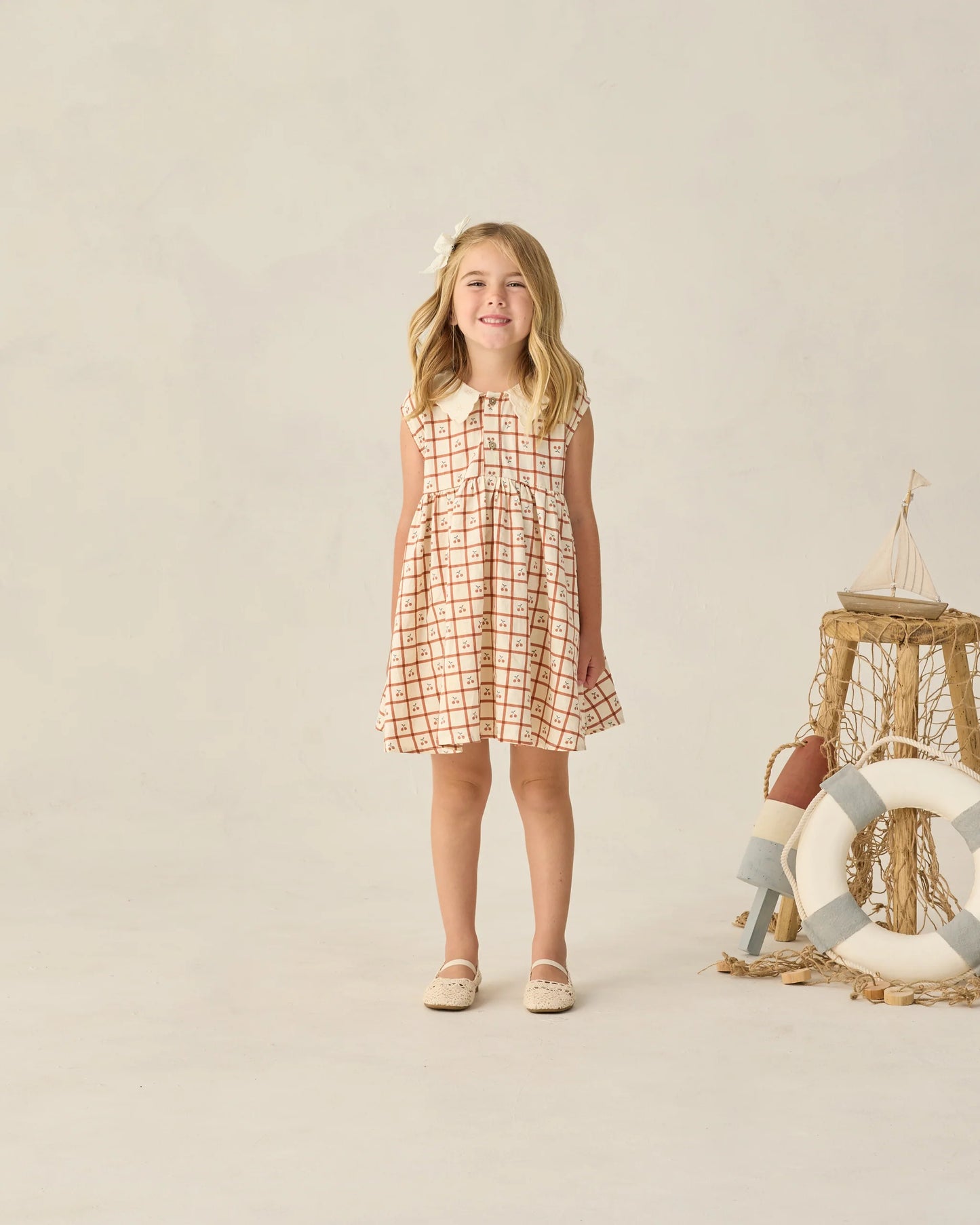 Rylee + Cru Collared Babydoll Dress Cherry Check/Natural
