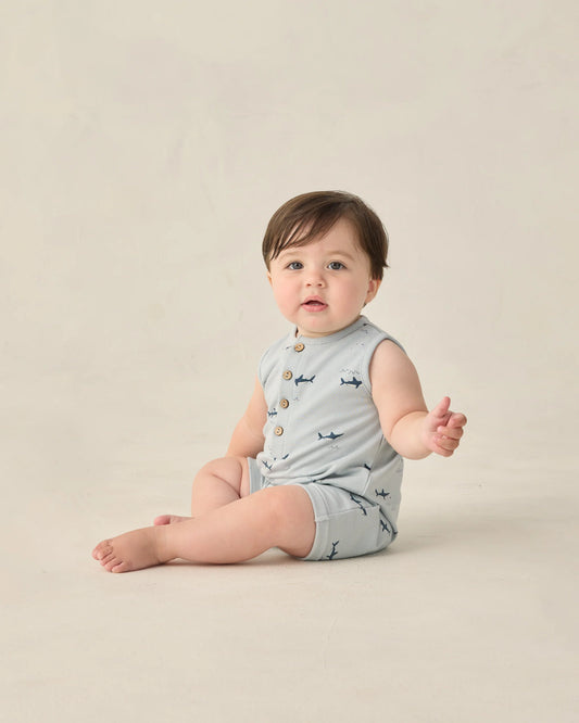 Rylee + Cru Davis Romper Sharks/Light Blue