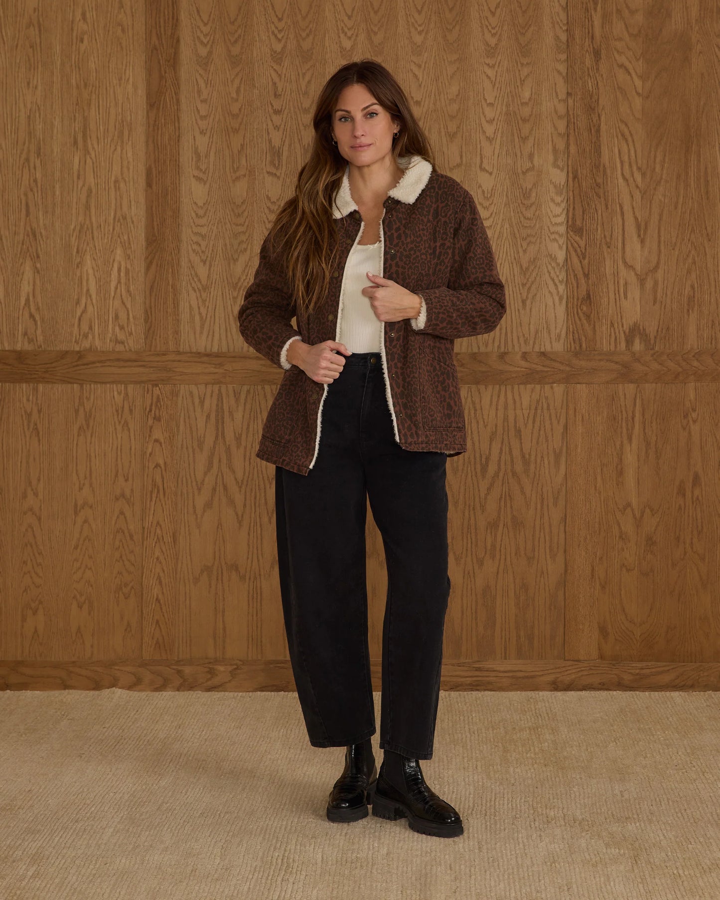 Rylee + Cru Women's Long Chore Coat, Brown/Leopard